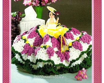 Vintage Crochet Pattern Pretty Doll Toilet Tissue Roll Cover Grape Cluster Dress 7.5 Inch Doll PDF Instant Digital Download Bathroom Holder