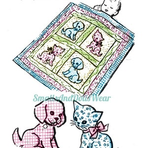May include: A vintage illustration of a cot quilt featuring a gingham dog and calico cat motif. The quilt is made up of four squares, each with a different dog or cat design. The quilt is surrounded by a border of pink and blue squares. The illustration also includes a baby sleeping on the quilt and two larger versions of the dog and cat designs.