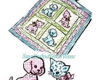 Vintage Sewing Pattern Gingham Dog Calico Cat Baby Crib Quilt Printable PDF Instant Digital Download Puppy Kitten Applique Blocks Blanket