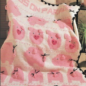 Vintage Crochet Little Piggies Afghan Pattern Pig Baby Blanket PDF Instant Digital Download Crib Cot Cover Tunisian Stitch 4 Ply