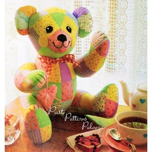 Vintage Sewing Pattern 12" Pastel Patchwork Fabric Teddy Bear PDF Instant Digital Download Soft Stuffed Non Jointed Toy Babys First Bear