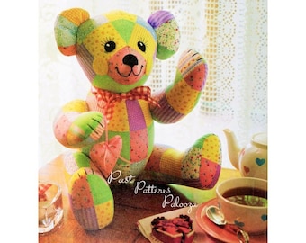 Vintage Sewing Pattern 12" Pastel Patchwork Fabric Teddy Bear PDF Instant Digital Download Soft Stuffed Non Jointed Toy Babys First Bear