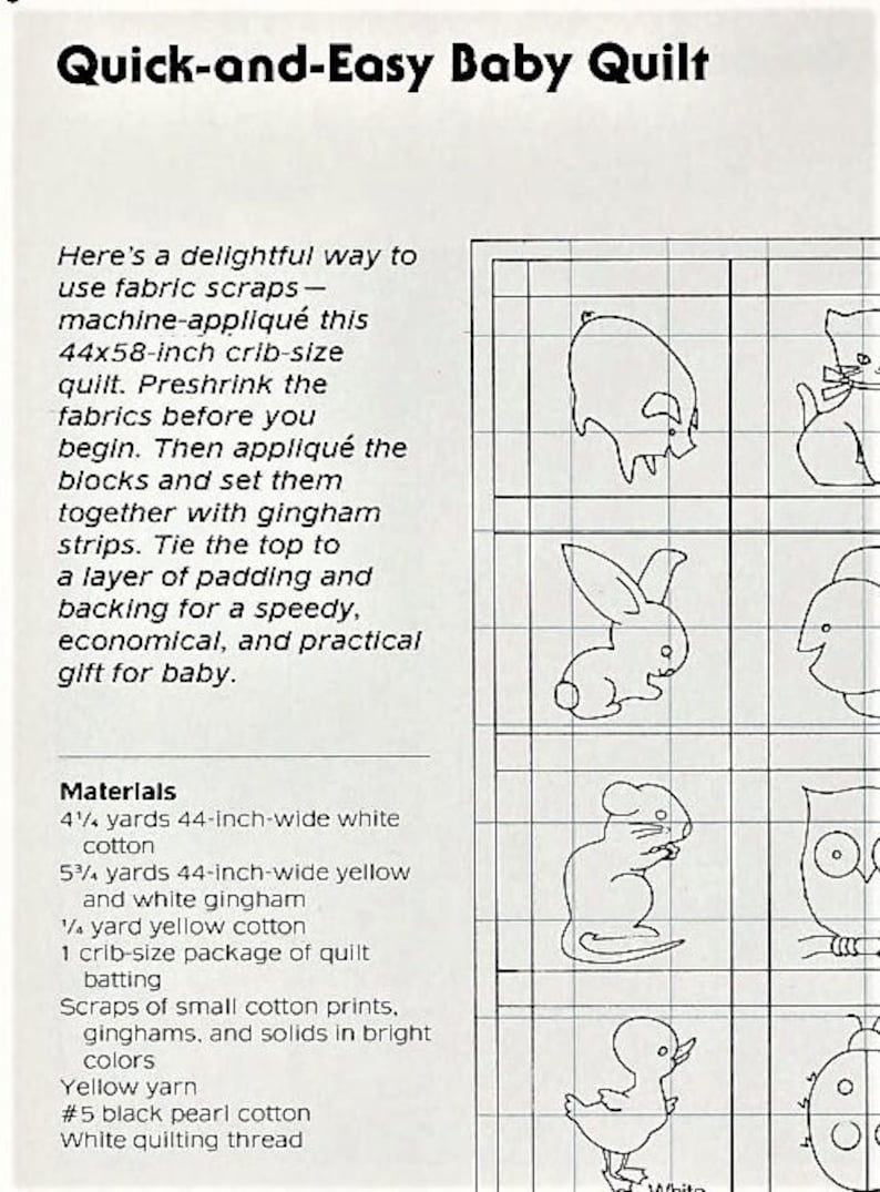 Vintage Sewing Pattern Gingham Animals Baby Quilt Quick and Easy Quilted Applique Crib Blanket PDF Instant Digital Download Patchwork Blocks image 2