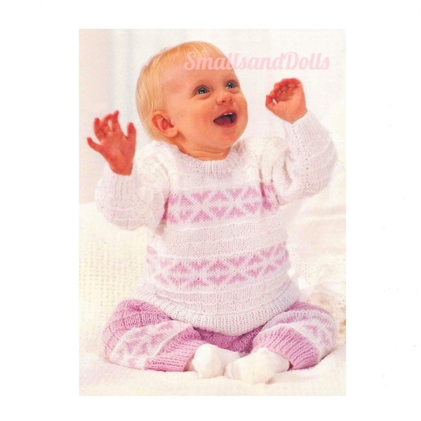 Vintage Knitting Pattern Baby Girl Toddler Sweater Trousers Pants Set PDF Instant Digital Download Fair Isle Hearts 9m-2 yrs DK 8 Ply