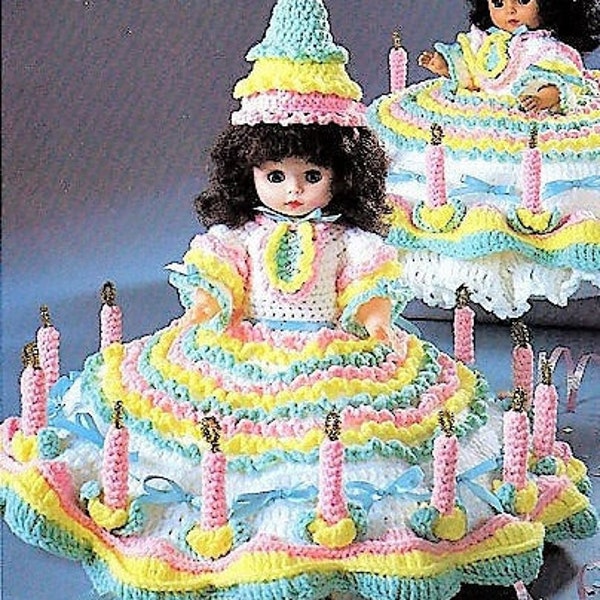 Vintage Crochet Pattern 13" Birthday Bed Doll Pillow Doll Music Box Doll Cake Candles Dress PDF Instant Digital Download 10 Ply