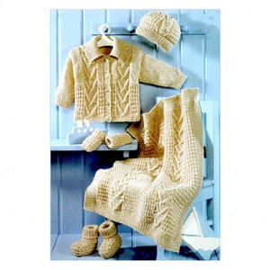Vintage Knitting Pattern Baby Toddler Cable Knit Aran Cardigan Jacket Hat Mitts Booties Blanket Set PDF Instant Digital Download 0-6 Years