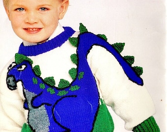 Vintage Knitting Pattern Kids Boys Dinosaur Sweater PDF Instant Digital Download Animal Dino Motif Pullover 3-D Tail Spikes 2-6 yrs 10 Ply