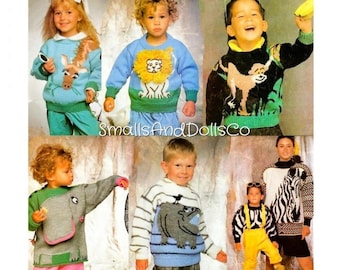 Vintage Kids Knit Safari Animal Sweaters Knitting Patterns Book PDF Instant Digital Download Zoo Pullovers Zebra Lion Giraffe Monkey 10 Ply