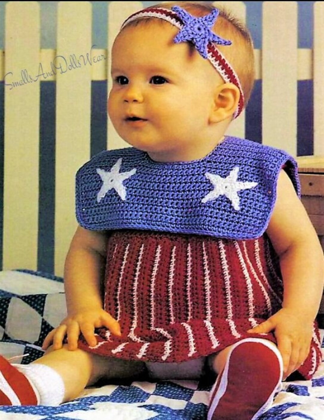 Vintage Crochet Pattern Baby Girl Stars Stripes Sailor Dress Headband