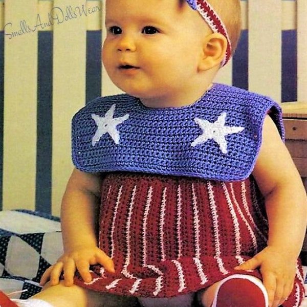 Vintage Crochet Pattern Baby Girl Stars Stripes Sailor Dress Headband Outfit Set PDF Instant Digital Download 9-12 months 10 Ply
