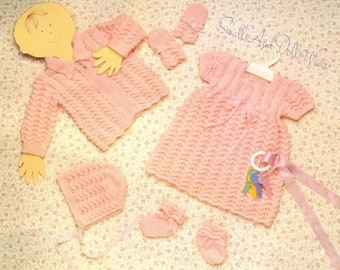 Vintage Knitting Pattern Knit Baby Girl Heather Ripple Eyelet Layette Set PDF Instant Digital Download Sweater Dress Booties Bonnet Mitts