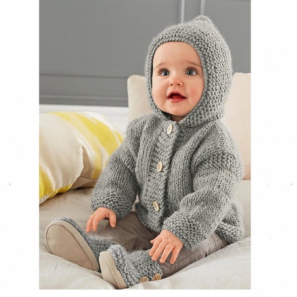 Vintage Knitting Pattern Baby Pixie Hoodie Hooded Jacket & Booties Set Chunky Easy Knit PDF Instant Digital Download 3-24m 12 Ply