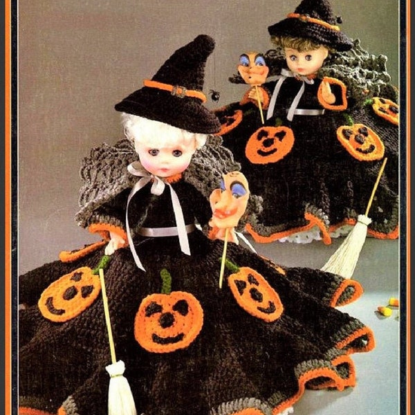 Vintage Crochet Pattern Halloween Witch Bed Doll Music Box or Pillow Doll 13 Inch PDF Instant Digital Download 13" Dress Outfit Hat 10 Ply