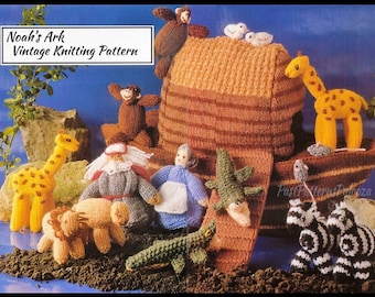 Vintage breipatroon Gebreide Noahs Ark Amigurumi-poppen en dieren PDF Instant digitale download dieren knuffels Ark speelset 10-laags