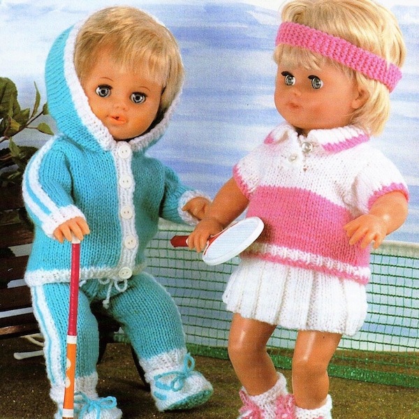 Vintage Knitting Pattern Sporty Doll Clothes for 12-14 15-18 19-22 Inch Dolls Tracksuit Tennis Outfit PDF Instant Digital Download DK