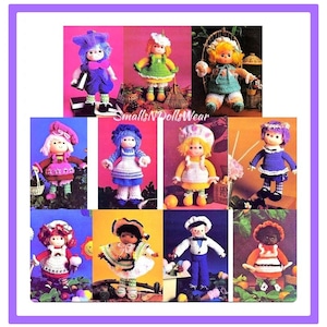 May include: A collection of crochet doll patterns featuring various designs and outfits. The dolls are dressed in colorful clothing, including dresses, skirts, pants, and hats. The patterns are printed on paper and include instructions for crocheting the dolls.
