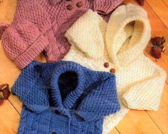 Vintage Knitting Pattern Baby Toddler Aran Cardigan Sweater Hat Mitts Set Moss Stitch Double Breasted PDF Instant Digital Download 0 - 4 yrs