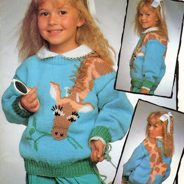 Modèle de tricot vintage enfant girafe en tricot pull pull pull PDF Téléchargement numérique instantané Zoo Safari Animal 4-8 ans 10 fils