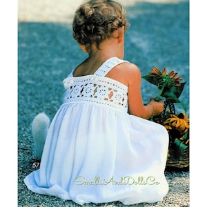 Padrão de crochê vintage para menina, vestido de verão com top e pala florida, download digital instantâneo em PDF, saia costurada, tamanhos 24 m, 2T, 2 anos, fio 4 Ply.