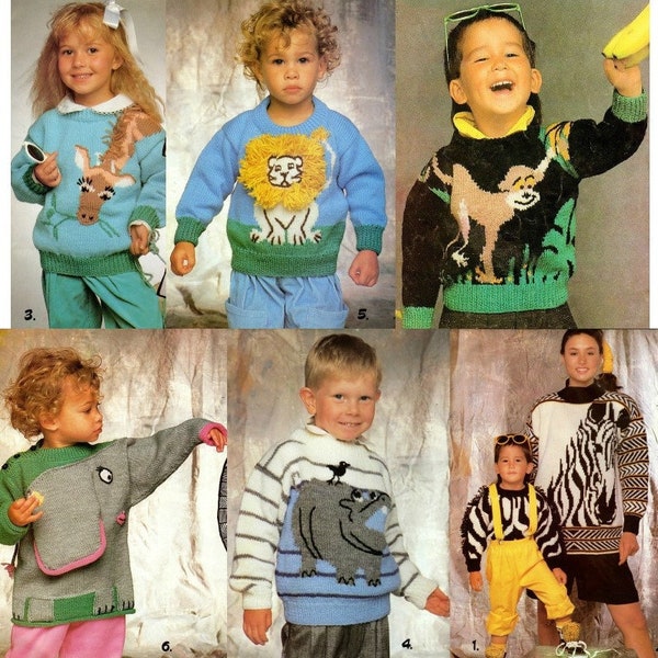 Vintage Kids Knit Safari Animal Sweaters Knitting Patterns Book PDF Instant Digital Download Zoo Pullovers Zebra Lion Giraffe Monkey 10 Ply