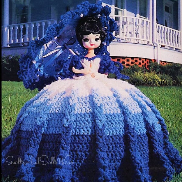 Vintage Crochet Pattern 13" Southern Blue Belle Doll Dress and Parasol PDF Instant Digital Download 4 Ply