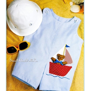 Vintage Sewing Pattern Baby Boy Romper Bucket Hat Nautical Outfit PDF Instant Digital Download Sailboat Sailor Bear Toddler Playsuit 12-24m