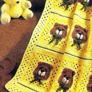 Vintage Crochet Sleepy Teddy Bears Baby Afghan Blanket PDF Instant Digital Download Bear Head Granny Squares 36x38 10 Ply