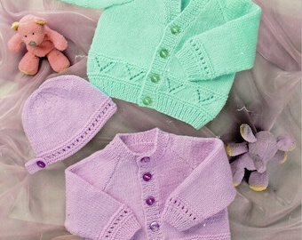 Vintage Knitting Pattern Knit Baby Cardigan Sweaters Hat Set PDF Instant Digital Download Openwork Borders Preemie - 4 years DK 8 Ply