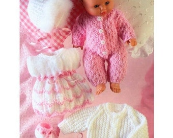 Vintage Knitting Pattern Pretty Doll Clothes Set for 14 Inch Baby Doll 5 Pc PDF Instant Digital Download Dress Bonnet All In One DK 8 Ply