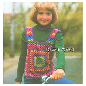 Patrón de crochet vintage para niños Chaleco cuadrado de abuela arcoíris para niños Descarga digital instantánea en PDF 4 6 8 años 5 capas