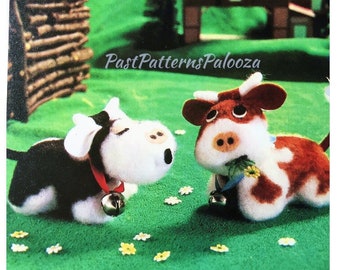 Vintage naaipatroon 3" miniatuur koeien fleece stof zacht stuk speelgoed poppen pdf Instant digitale download genaaid schattige grong en kauwende boerderijdieren