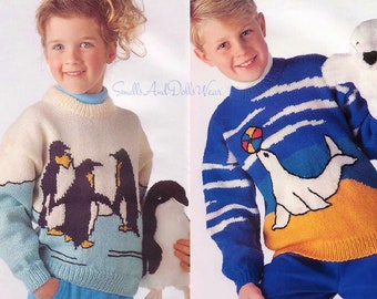 Vintage breipatroon Kids Childs Penguin en Seal Pullover Sweaters PDF Instant Digitale Download Jongens Meisjes Animal Jumpers 4-8 jaar 5 Ply