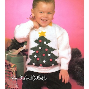 Vintage Knitting Pattern Kids Childs Christmas Tree Sweater PDF Instant Digital Download Pullover Jumper Buttons Tree 2-8 Years 10 Ply