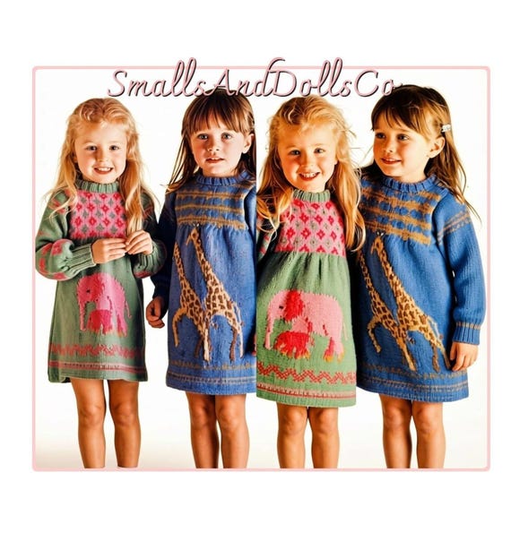 fair isle dress knitting patterns Vintage Pattern Toddler Girl Giraffe Elephant Dresses Knit Jacquard PDF Instant Digital Download 2-3 Yrs DK YGroup_dylan