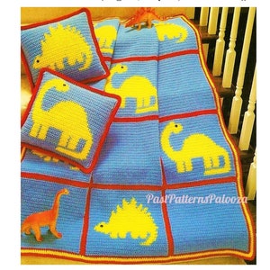 Vintage Crochet Pattern Kids Toddler Dinosaur Squares Afghan Blanket and Pillow Set PDF Instant Digital Download 37x49 10 Ply