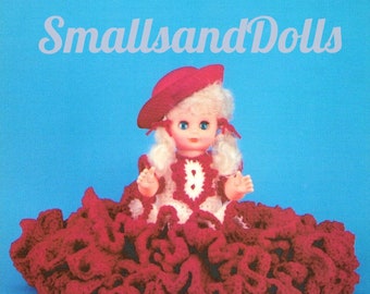 Vintage Crochet Pattern 13" Pretty Bed Doll Ruffled Red Dress and Hat PDF Instant Digital Download 10 Ply