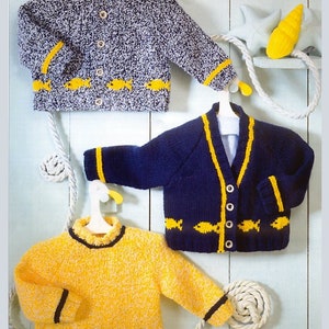 Vintage Knitting Pattern Knit Baby Boys Girls Fish Motif Cardigan & Pullover Sweaters PDF Instant Digital Download Birth - 6 Yrs DK 8 Ply