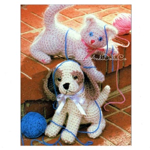 Vintage Crochet Pattern Sweet Kitten and Puppy Retro Amigurumi PDF Instant Digital Download Crocheted Realistic Baby Pet Animals 10 Ply 8&quot;