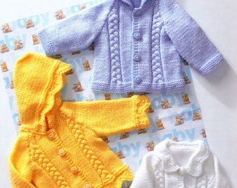 Vintage Knitting Pattern Baby Braided Panel Aran Cardigan Jackets PDF Instant Digital Download Hooded or Collared 0-24 m 10 Ply