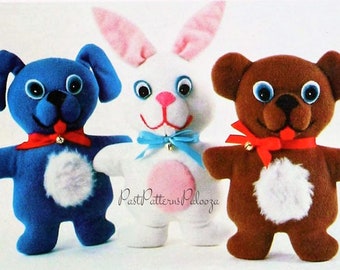 Vintage Sewing Pattern 10" Stuffed Animal Dolls Dog Bunny Bear Soft Velour Fabric Plush Toys PDF Instant Digital Download Huggable Plushies