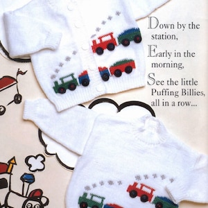 May include: Two white knitted baby sweaters with colorful train appliqués. The trains are red, green, and blue with black button wheels. The text on the image reads "Down by the station, Early in the morning, See the little Puffing Billies, all in a row..."