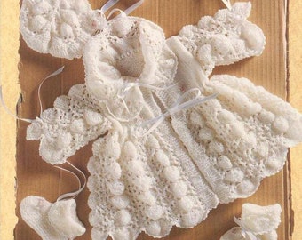Vintage Knitting Pattern Baby Girl Lace Puff Shell Matinee Coat Bonnet Booties Set PDF Instant Digital Download 0-3 m 2-Ply