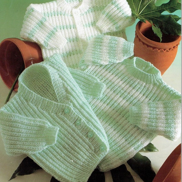 Vintage Knitting Pattern Baby Ribbed Cardigan Pullover Sweaters Solid & Striped PDF Instant Digital Download 0- 24m DK 8 Ply