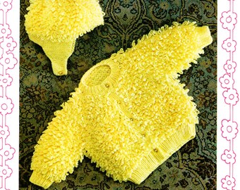 May include: A yellow knitted baby cardigan and matching hat. The cardigan has a button closure and the hat has a brim.