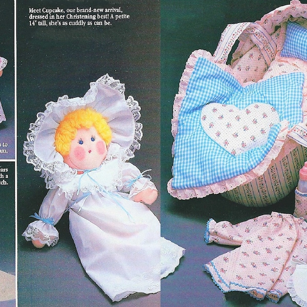 Vintage Sewing Pattern 15" Fabric Baby Soft Sculpture Toy Doll and Layette Moses Basket Bed and Accessories PDF Instant Digital Download