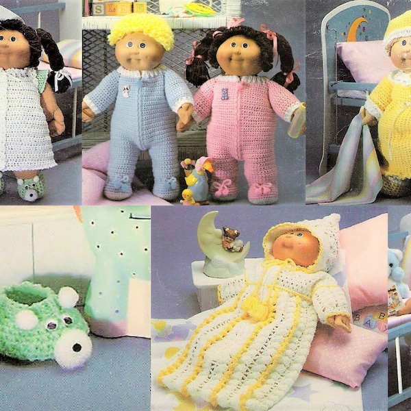 Vintage Crochet Pattern 16 Inch Soft Sculpture Cabbage Patch Kids Doll Sleepwear Clothes Pajamas PDF Instant Digital Download 10 Ply