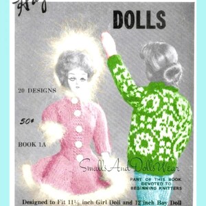 May include: A vintage knitting pattern book cover featuring a pink and green knitted outfit for dolls. The cover text reads "Hazel's Knitted Designs for the Teen Dolls 20 Designs 50¢ Book 1A".