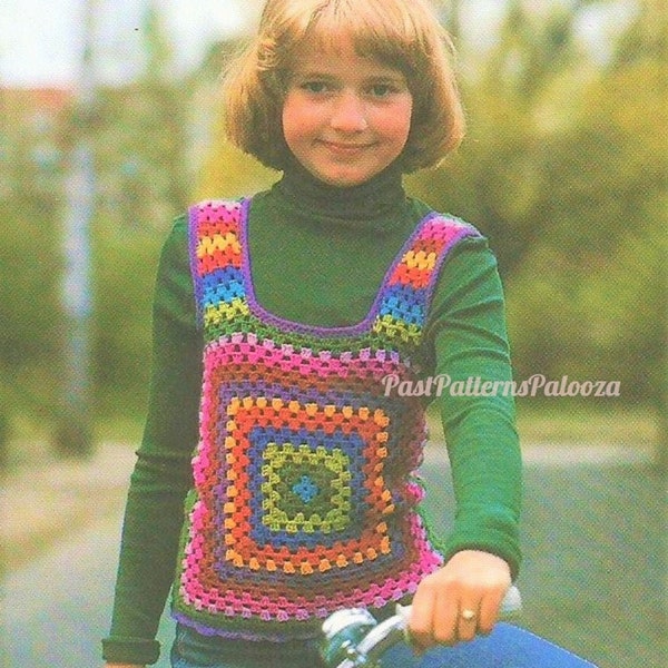 Vintage Crochet Pattern Kids Childs Rainbow Granny Square Vest PDF Instant Digital Download 4 6 8 Years 5 Ply