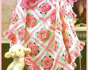 Vintage Crochet Pattern Pretty Ruffles & Roses Baby Afghan Granny Square Flower Motif Blanket PDF Instant Digital Download 5 Ply
