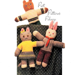 Vintage Knitting Pattern 10" Well Dressed Animal Soft Toy Dolls PDF Instant Digital Download Teddy Bear Bunny Rabbit Kitty Cat 5 Ply